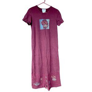 2 pc Vtg Cardigan + Maxi Shift Dress S Giraffe Turtle Art Print Boho Cotton